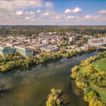Aerial view of downtown Peterborough and Little Lake.